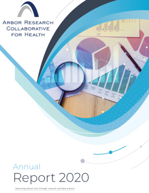 2020 Annual Report cover. The top two thirds show an oval shape with elements inside. The elements are a magnifying glass, charts, and presentation images. Below that, in thin type, the report title is shown.